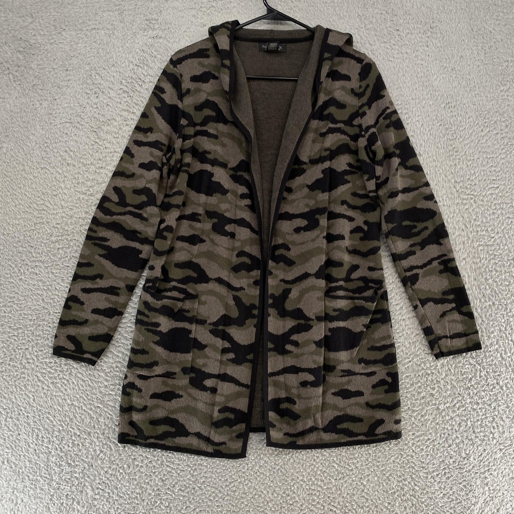 Rachel Zoe Cardigan Sweater Womens Medium Green Camo Hooded Open Front Pockets